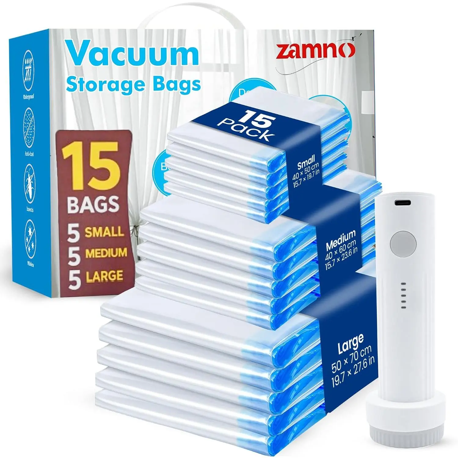 Travel Vacuum Bags with Pump – 15 Pack Compressed Vacuum Storage Bags for Clothing with Rechargeable Pump – Carry- Size Small, Medium & Large Space Saver Vacuum Bags for Clothes, Suitcase & Luggage