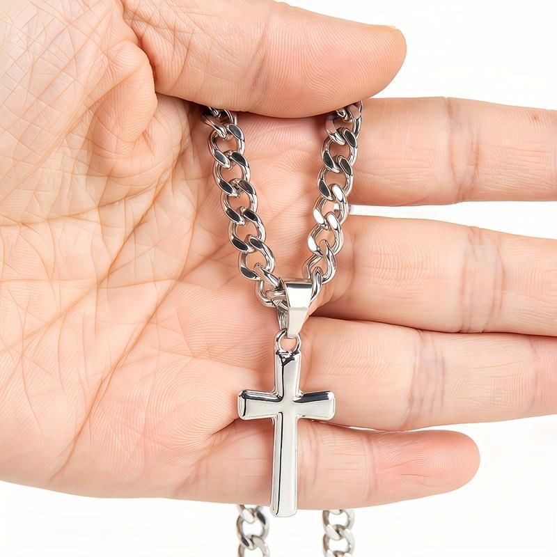 Cross pendant link chain necklace, suitable for both men and women, made with stainless steel gold and silver accessories, hip hop fashion jewelry, trendy and stylish accessories Valentine’s Day gift.haha initial key unisex lock Natural Jade Ring durable