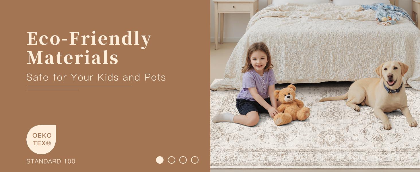 Washable 6x9 Area Rugs for Living Room, Vintage Natural Rug with Non-Slip Backing, Soft Stain Resistant Throw Rugs Thin Carpet for Bedroom Dining Room Farmhouse (6 x 9, Brown/Ivory)