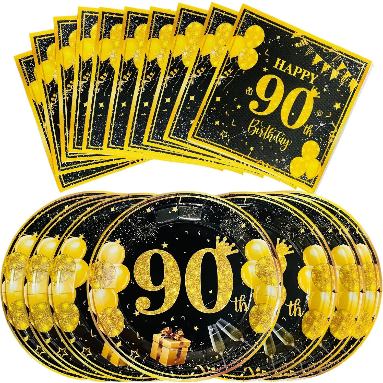 90th Birthday Party Supplies 90th Birthday Disposable Tableware Happy Birthday Party Plates and Napkins Black and  Birthday Table Decoration for 20 Guests