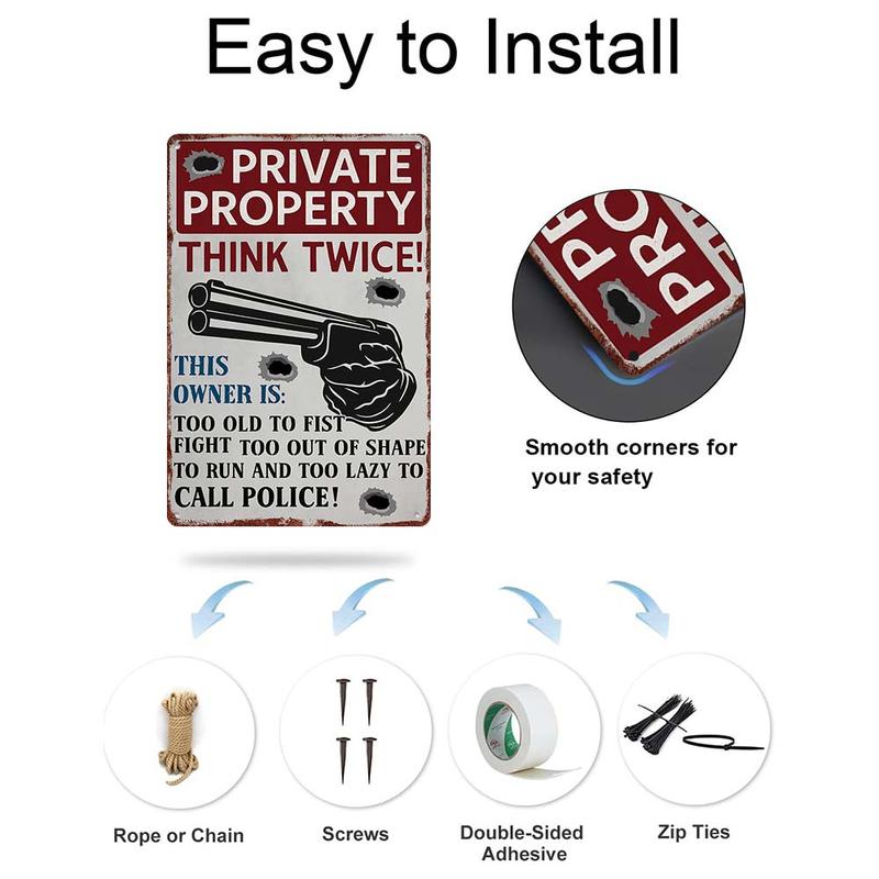 "Private Property - Think Twice!" Vintage Aluminum Metal Sign - 12x8in Funny Home Protection Wall Decor Hanging Lazy Safety Signage
