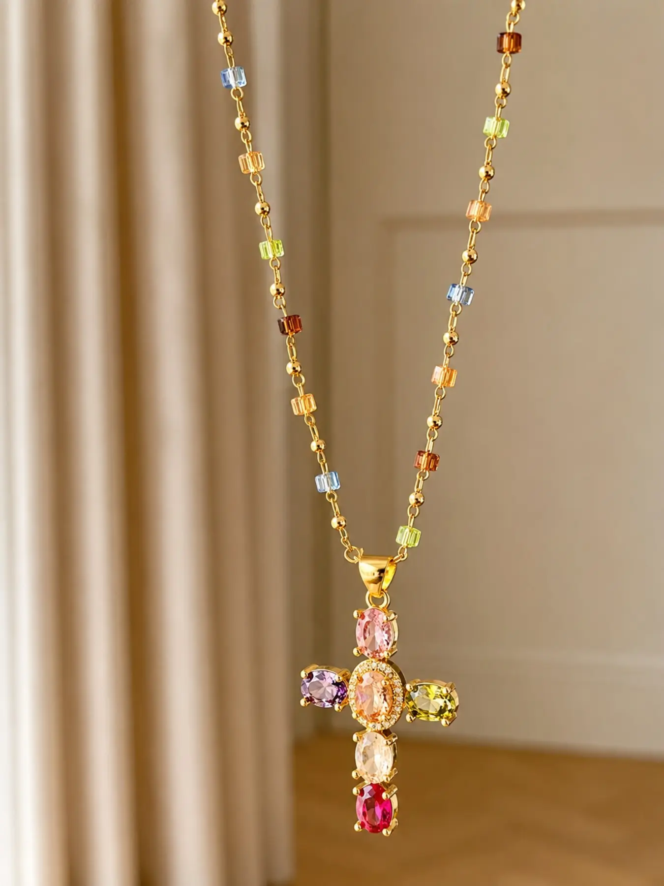 1pc Vintage Rainbow Crystal Cross Pendant Necklace, Unique, Colorful Cubic Zirconia Beaded Chain, Elegant Religious Charm Necklace for Women, Trendy Layered Statement Jewelry for Daily Wear, Church, Party, Anniversary & Gift