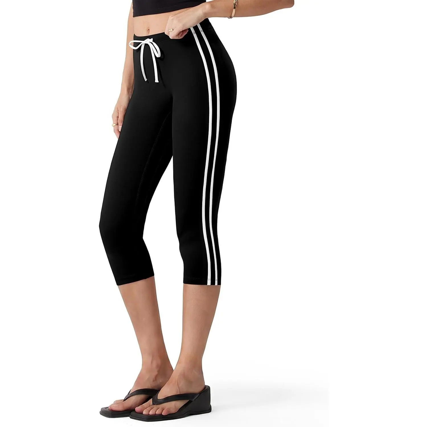 MOOSLOVER Women High Waisted Capri Leggings Drawstring Color Block Capris Stretch Compression Workout Yoga Pants