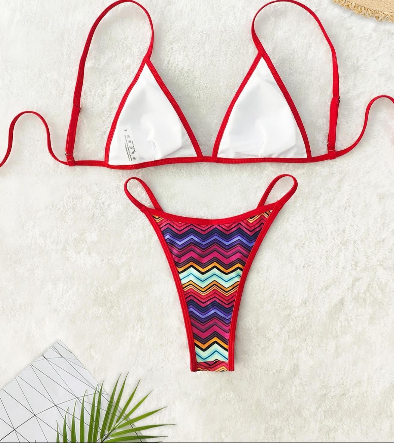 Two-Piece Set Women's Chevron Print Bikini Set, Spaghetti Strap Bikini, Casual Fashion Chic Tie Back Swimsuit Set for Beach Holiday Vacation, Ladies Swimwear for All Seasons