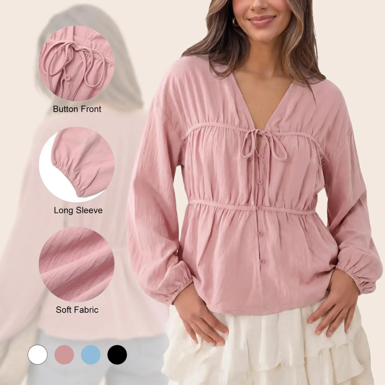 Imily Bela V‑Neck Button Front Drawstring Waist Long Sleeve Tops, Women Casual Lantern Sleeve Peplum Blouse