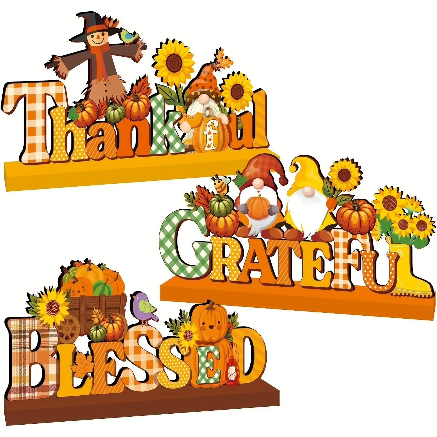 3 Piece Fall Home Wooden Table Decor Centerpieces, Gratitude Thanksgiving Theme, Pumpkin Sunflower Style, Perfect for Dining Tables