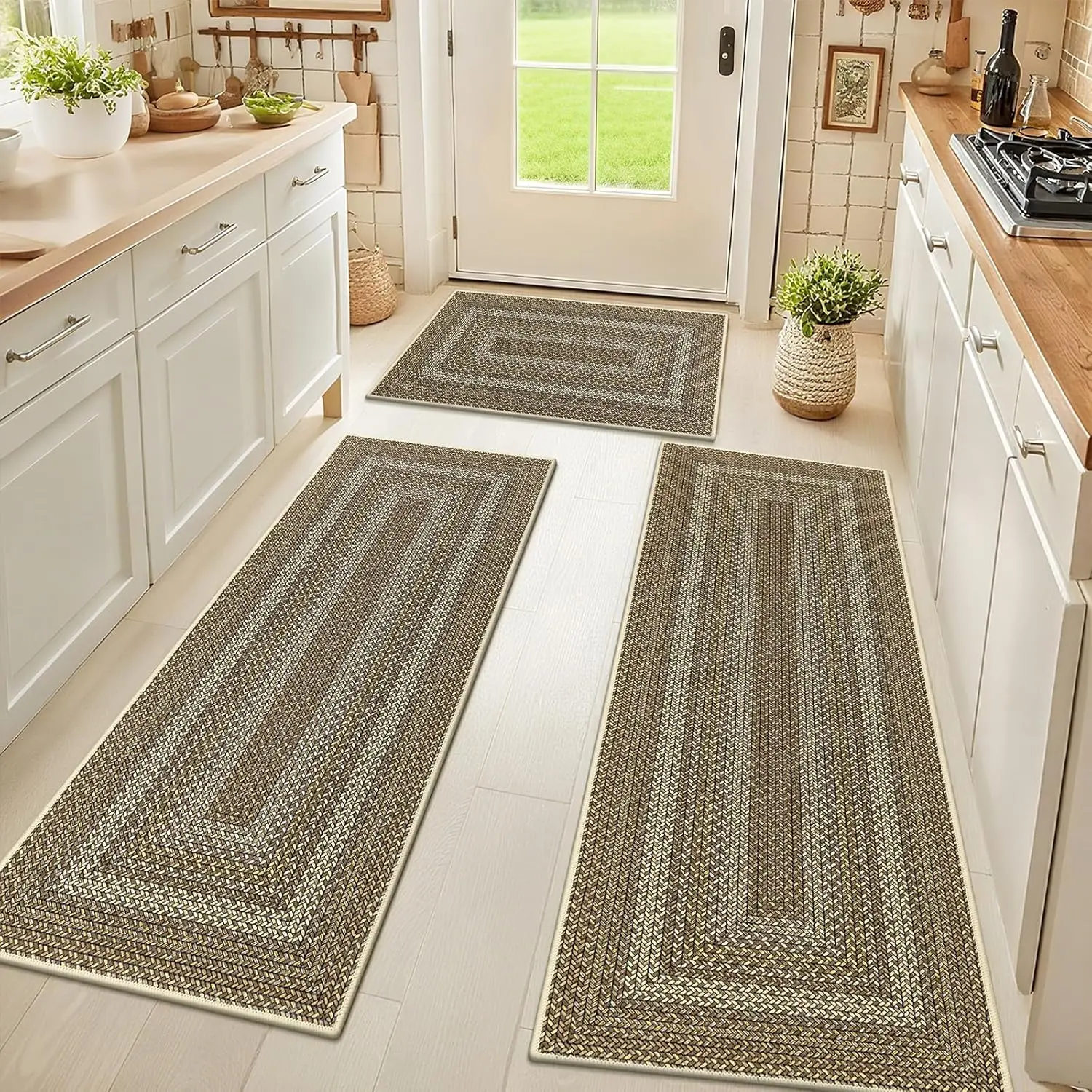3-Piece Washable All-Surface Kitchen Rugs Set, 20"x32" Non-Slip Absorbent Durable Farmhouse Stain-Resistant Faux Jute Mats - Carpet Runner for Laundry Room, Hallway (Yellow/Brown, Black/Gold, Blue)