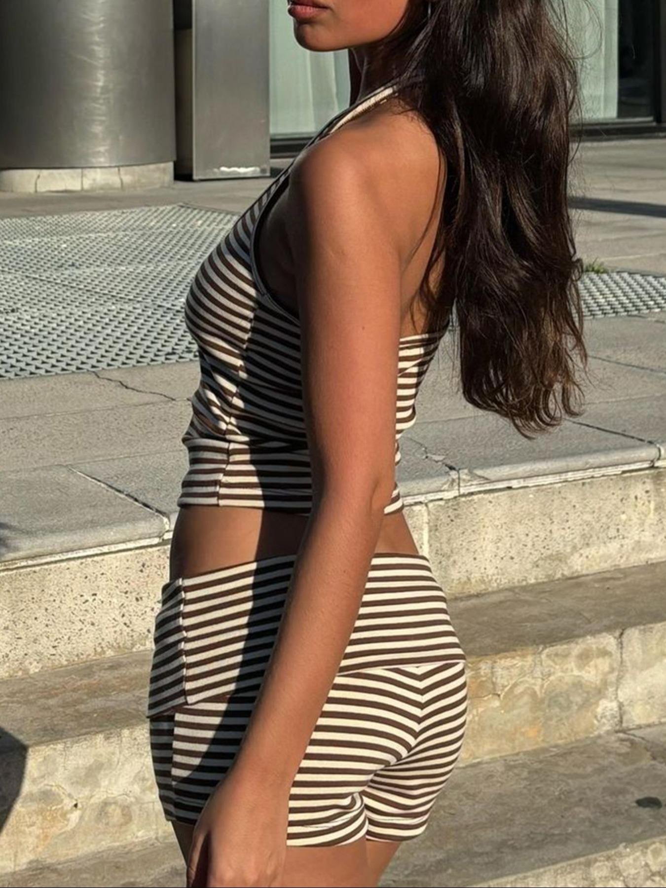 Women's Casual Striped Halter Neck Crop Top & Shorts Set, Summer Fitted Two-Piece, Regular Length, Moderate Fabric Thickness, Womenswear