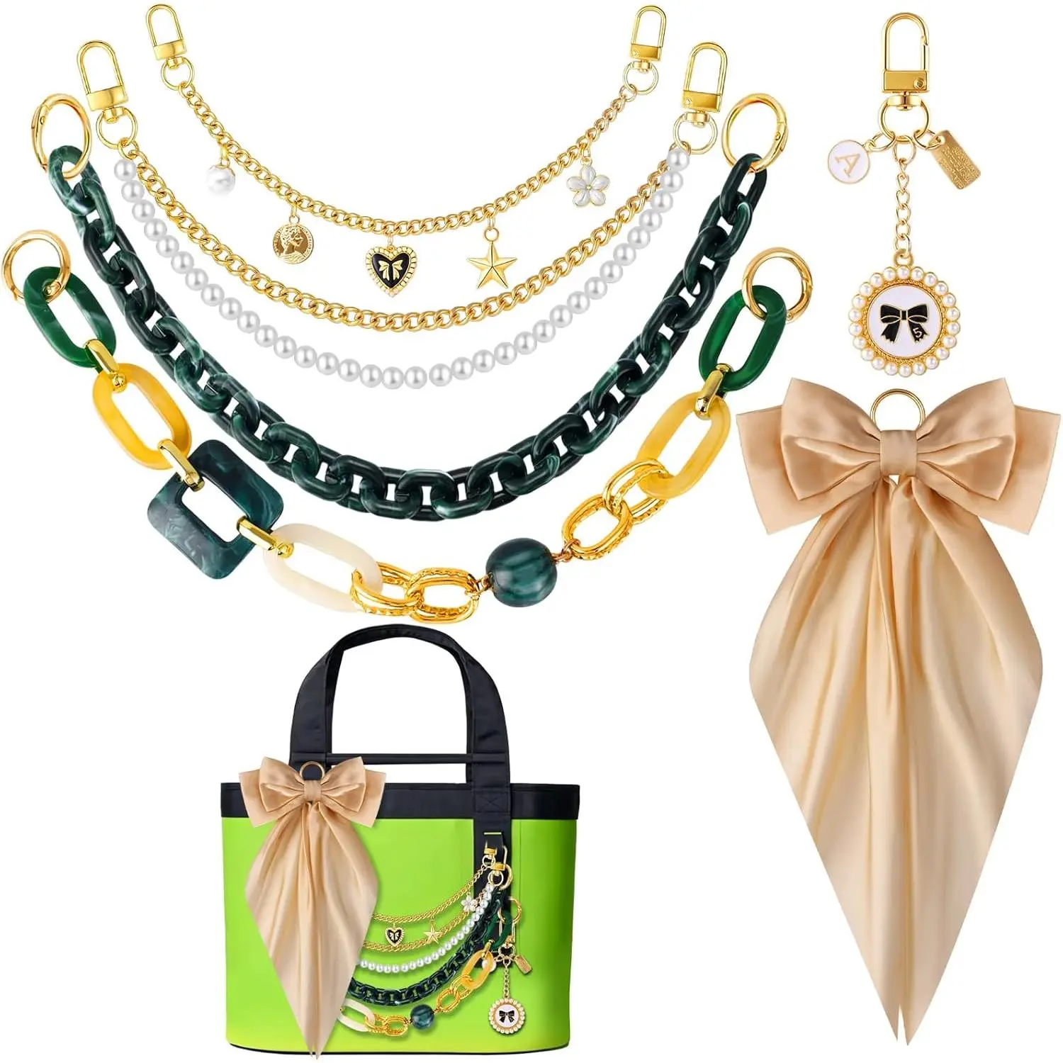 6 Pcs Tote Bag Accessories Set for Women,Bag Charms Decorative Bow Pearl Chain Charms & Keychain Charms,Compatible with Camino 20/35/50 Carryall,Beach Tote Bags