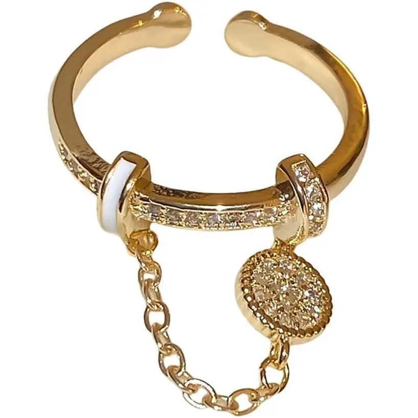 Women's Open Wrap Ring with a Dangling Crystal Disc Tassel, Gold-Toned Adjustable CZ Statement Fashion Jewelry, Adjustable Size, Crystal Disc Tassels, Dangling Charm