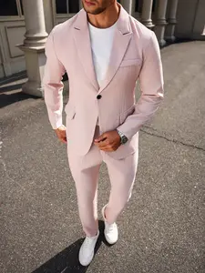 Men's Light Pink Textured Suit Two Piece Set Single Button Blazer & Slim Dress Pants Casual Business Outfit