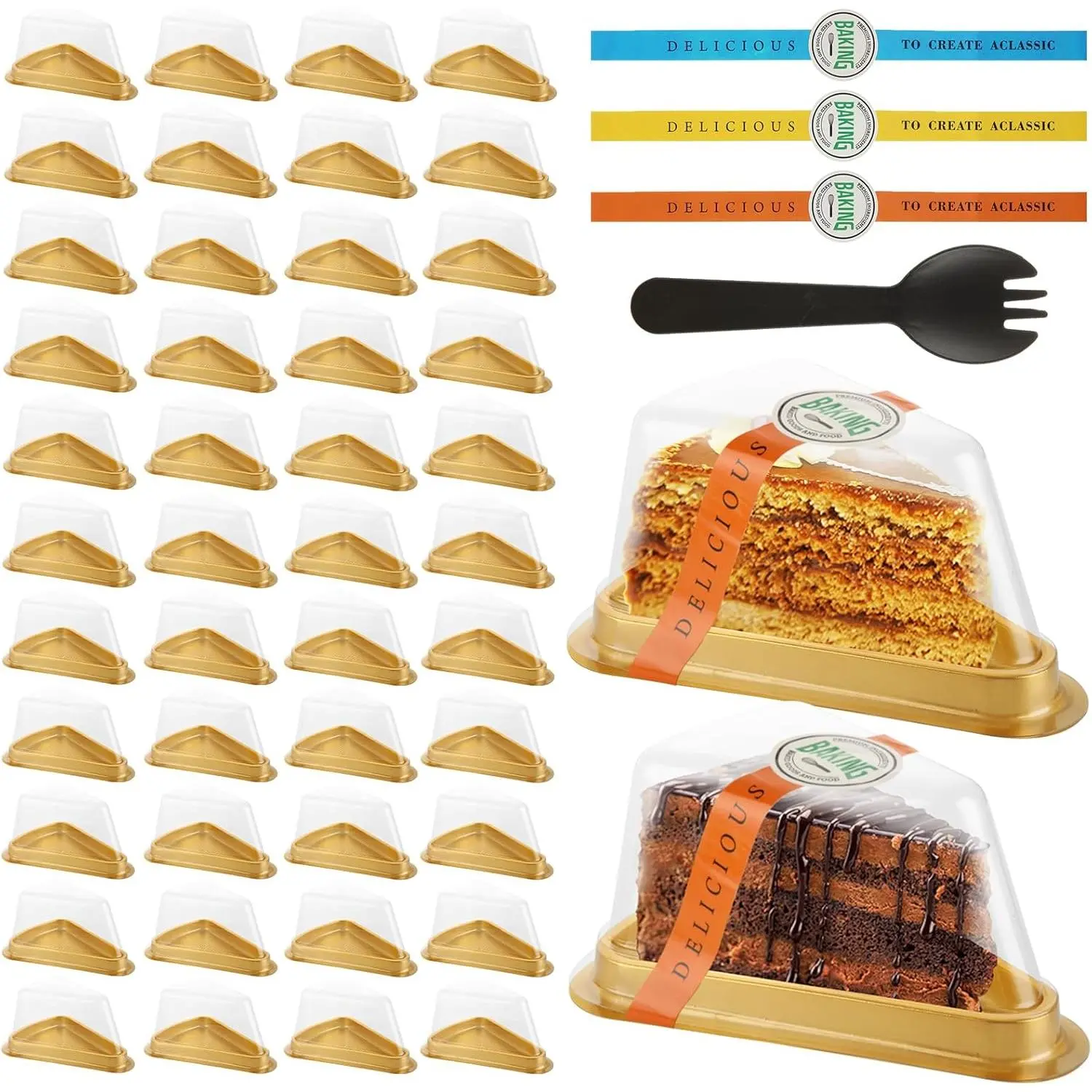 100 Pack Cake Slice Container Disposable Cheesecake Containers with Lid Sticker and Fork Individual Pie Slice Containers for Snack Dessert Mousse Gold