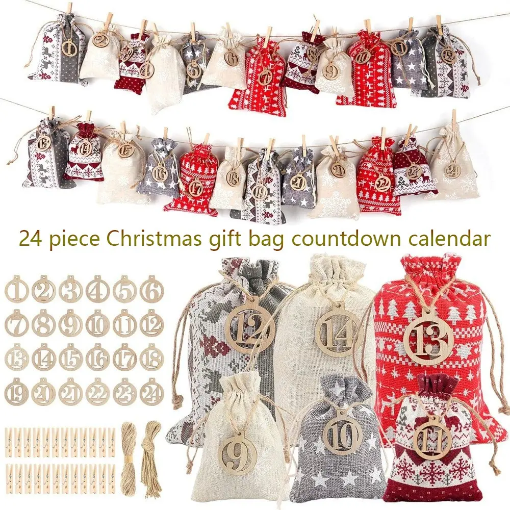 24 Piece Christmas Gift Bag Set, Countdown Calendar Drawstring Bags, Santa Bundle Pouches, Candy Storage Bags, Perfect Holiday Packaging