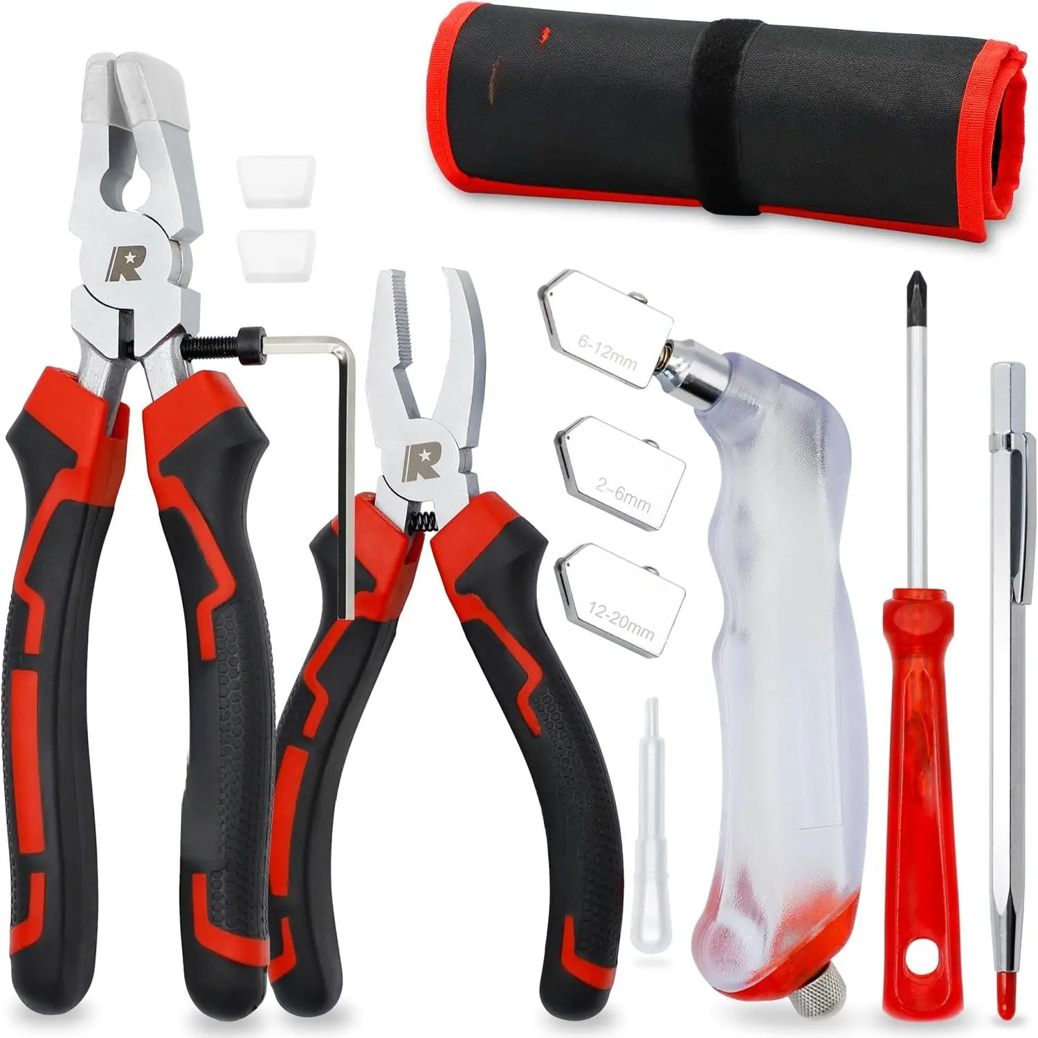 Glass Cutters Tools, Glass  2-20MM, 8" Glass Running Pliers with Curved , 6" Breaker Grozer Pliers, Glass  Tool for Stained Glass, Tiles, Mosaic