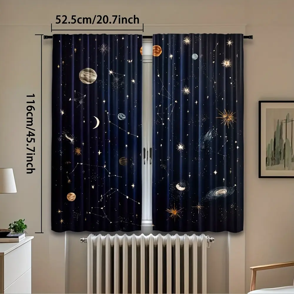 2-piece polyester curtain set, featuring a starry sky and galaxy design - suitable for bedroom, office, kitchen, living room, study, holiday decoration, cafe, game room, hand washable home decorative vintage decor pattern upgrade elegant window drape text