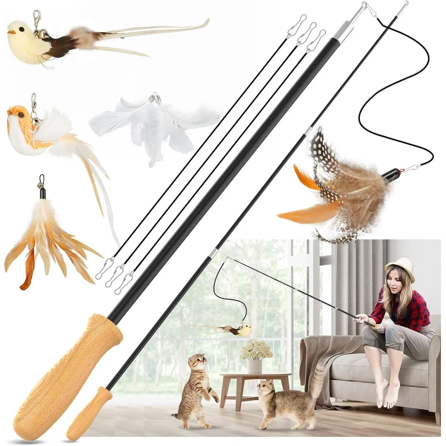 Cat Teaser Wand Toys, Interactive Bird Toys for Indoor Kittens, 42.15’’ Long Cat Fishing Pole Toys, 2Pcs Wires and 5Pcs Natural Refills, Sustainable Wooden Handles, Exercising, Playing