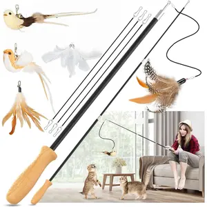 Cat Teaser Wand Toys, Interactive Bird Toys for Indoor Kittens, 42.15’’ Long Cat Fishing Pole Toys, 2Pcs Wires and 5Pcs Natural Refills, Sustainable Wooden Handles, Exercising, Playing