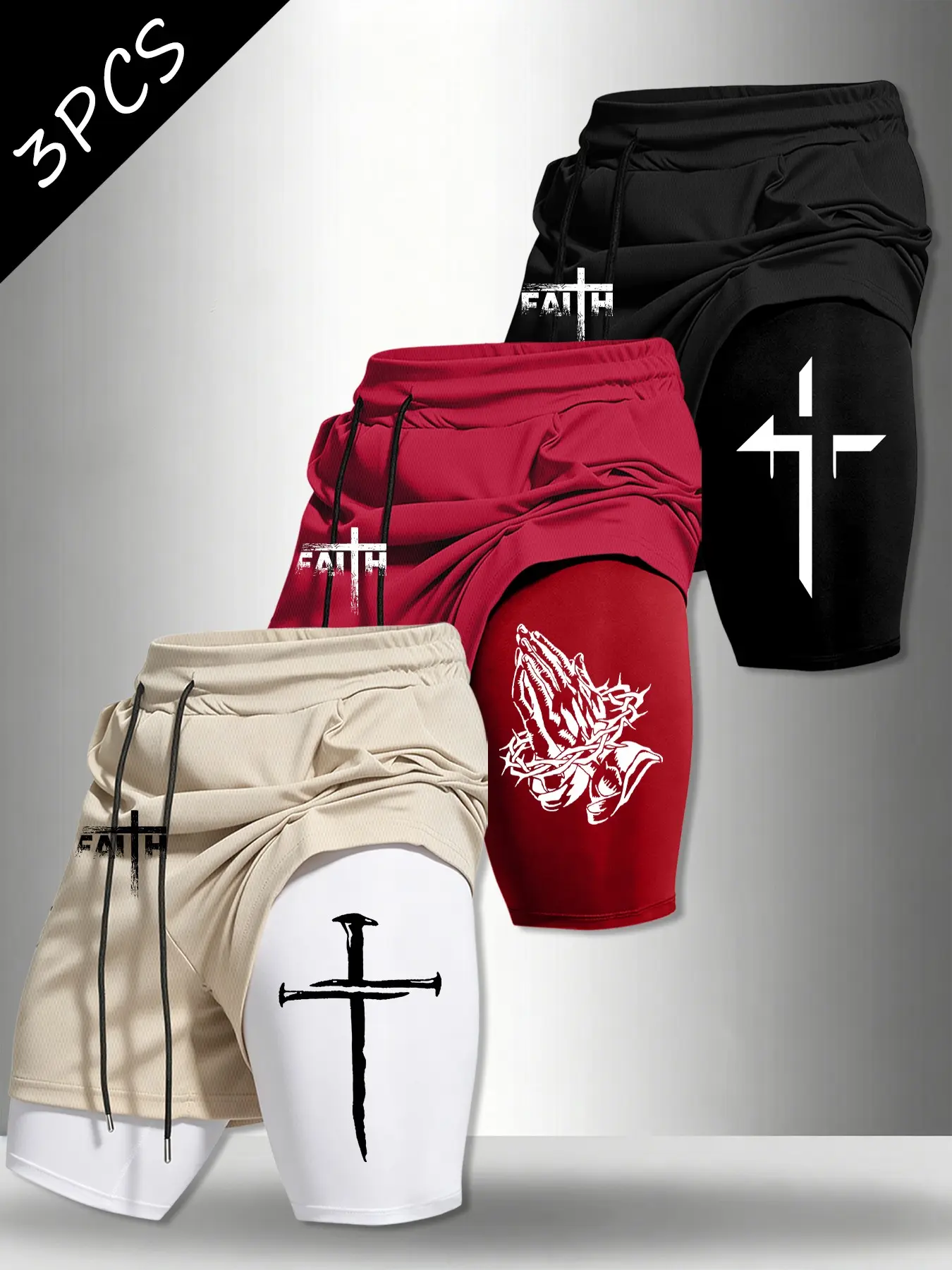 Three-Piece Faith Cross Prayer Hand Mesh Gym Shorts, British Christian Faith Cleanfit Style, Quick-Dry Fake Two-Piece Men's Gym Pants