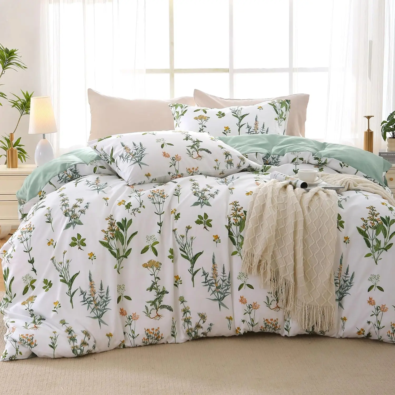 Duvet Cover King Size, Reversible Floral Green Duvet Cover Set with Zipper Closure, 3 Pieces Botanical Patterns Soft Microfiber Bedding Set with 4 Ties (90"x104", 2 Pillow)