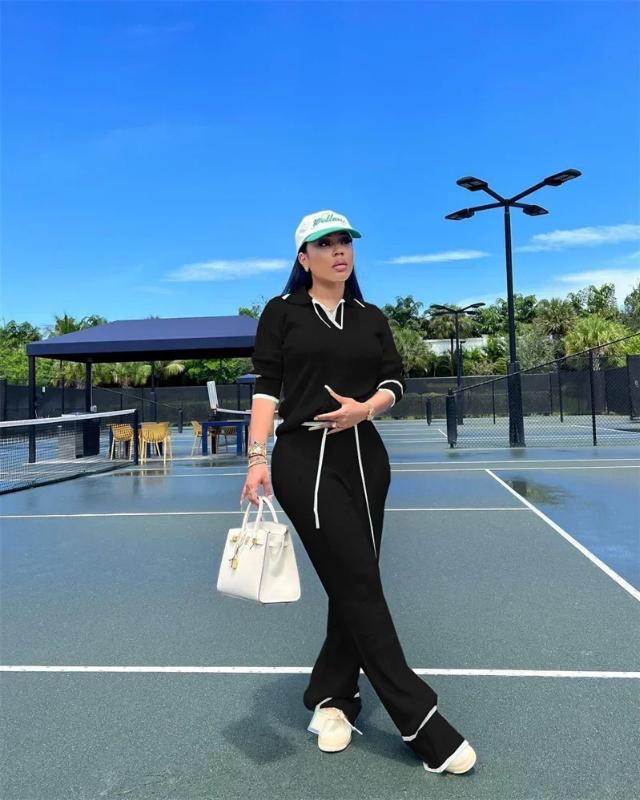 two-piece set woman Autumn Winter Knitting Casual Tracksuit for Women Two Piece Set Sportwear Striped Sweater Top and Wide Leg Pants Jogging Femme Clothes Fitted Womenswear Check Light