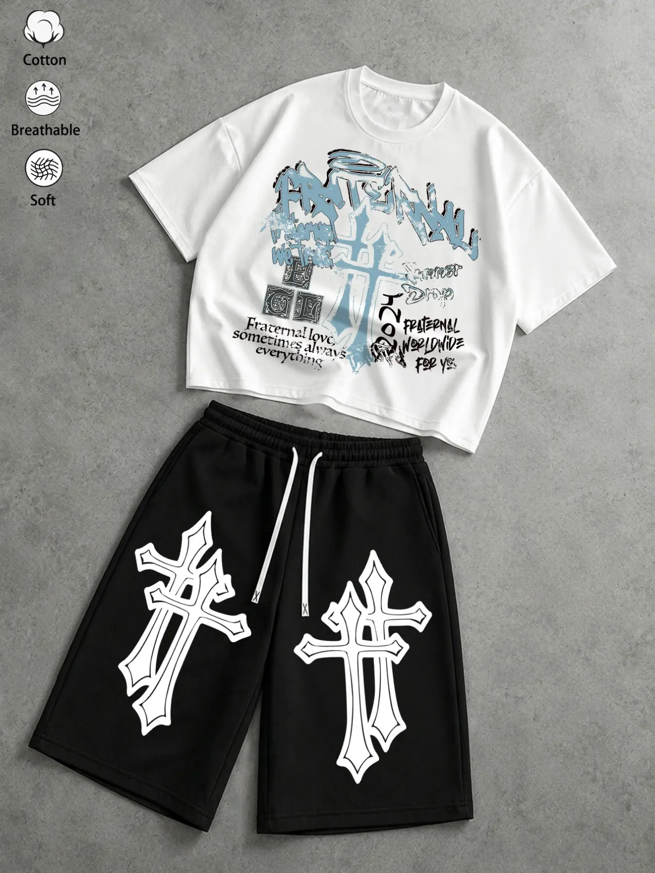2 Pcs Men's Outfit Set Short Sleeve T-Shirt and Capri Pants Y2K Gothic Cross Graffiti Printed Drawstring Summer Tracksuit