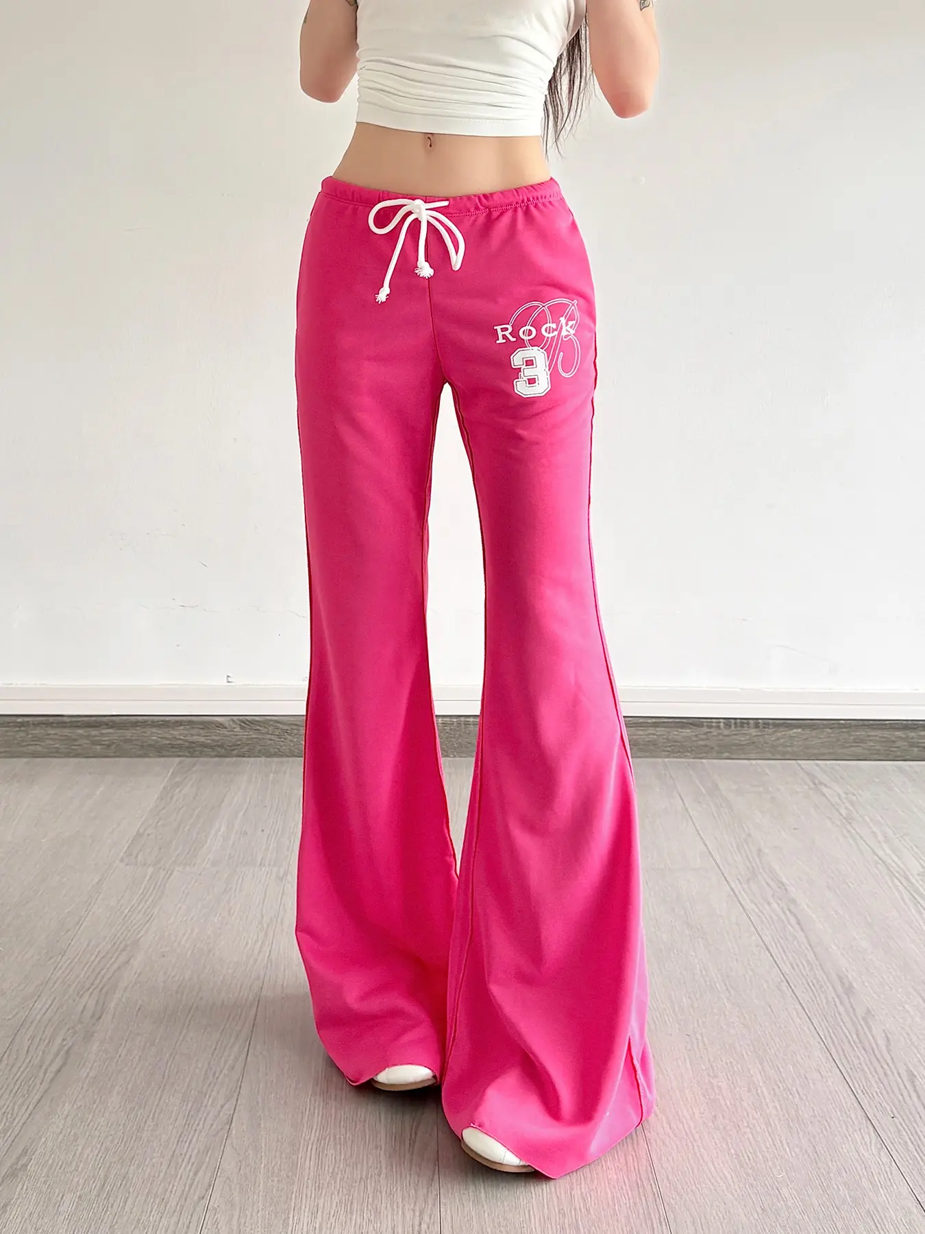 Y2K Millennium Coquette Streetwear Minimalist Sweatpants, Low Waist Drawstring Letter Print Vintage Flared Pants, Niche Colored Casual Trousers For Women, Wearable All Seasons