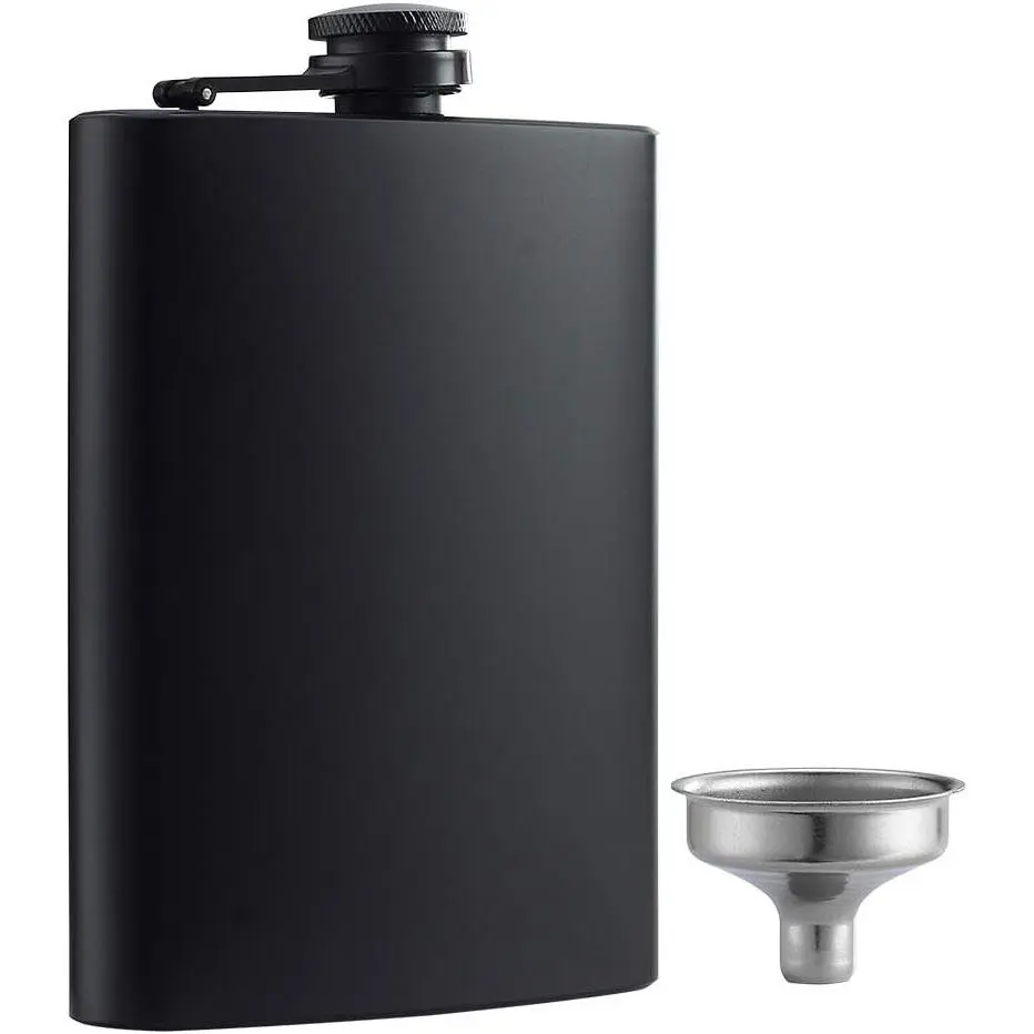 Hip Flask for Liquor Matte Black 8 Oz Stainless Steel Leakproof with Funnel, Great Gift Idea Flask