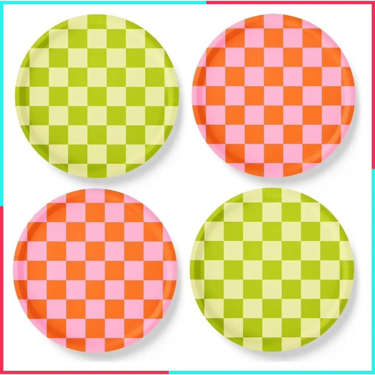 24pk Pink + Green Checkered Plates 9" | Margarita Party Decor