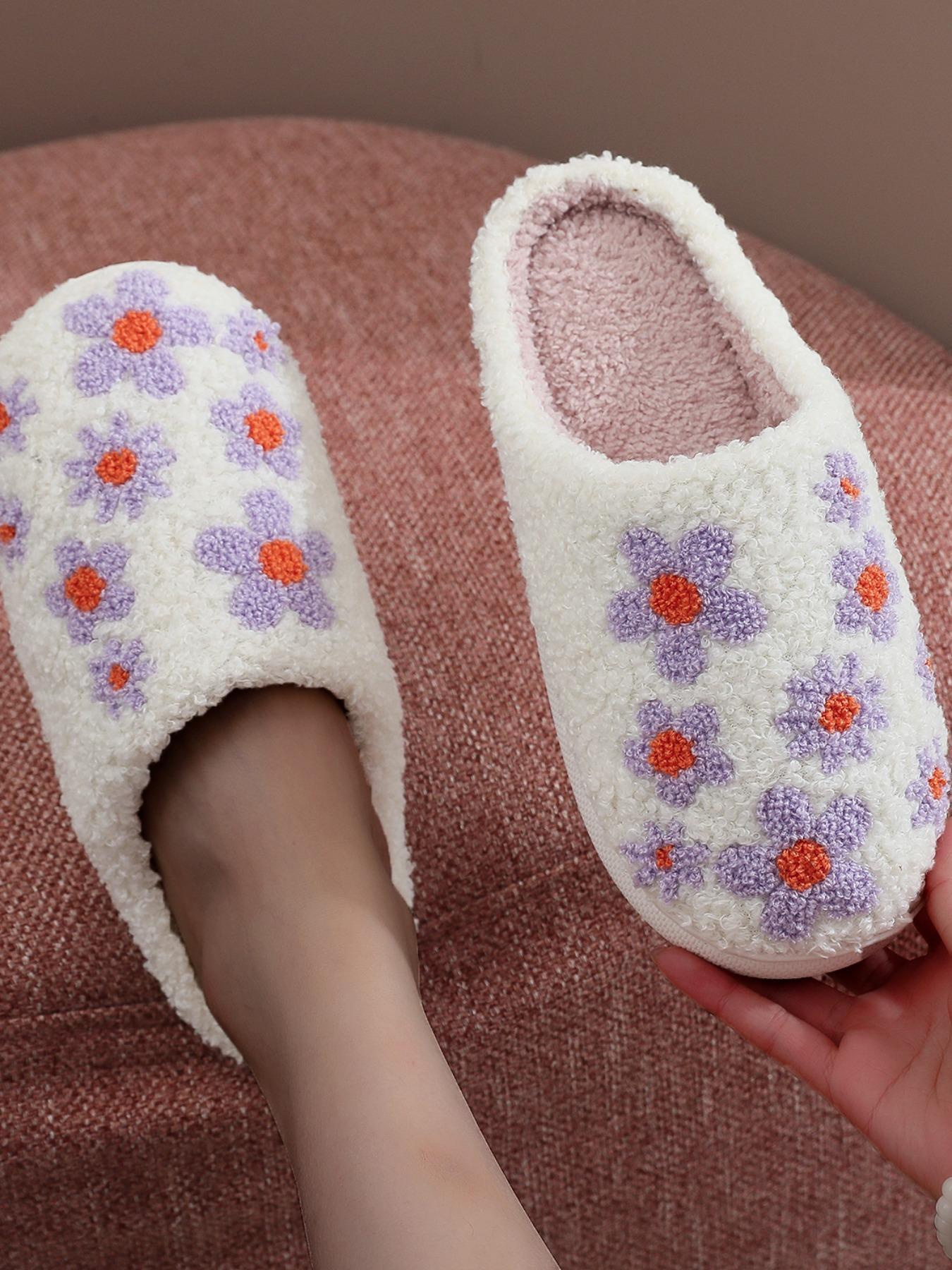 Women's Cute Floral Pattern Plush Slippers, Casual Soft Comfortable Home Slippers, Warm House Shoes for Indoor & Outdoor Use for All Seasons Women's Cute Floral Pattern Plush Slippers, Casual Soft Comfortable Home Slippers, Warm House Shoes for Indoor & Outdoor Use for All Seasons