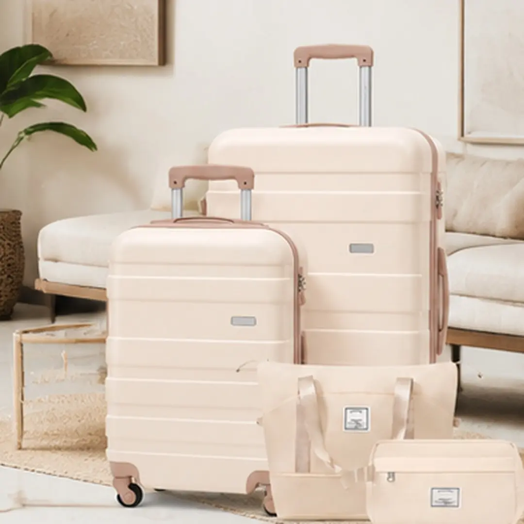 ARCH 4-Piece ABS Hardshell Multi-Function Luggage Set - TSA Approved, 4 Spinner Wheels, 20in Carry-On, 28in Checked Suitcase, Travel Duffel Bag, Wet-Dry Toiletry Bag, 30.53l x 20.03w x 12.3h in, Ivory+Gold (Home Organizer Storage Solution), 4 Wheels 360 R