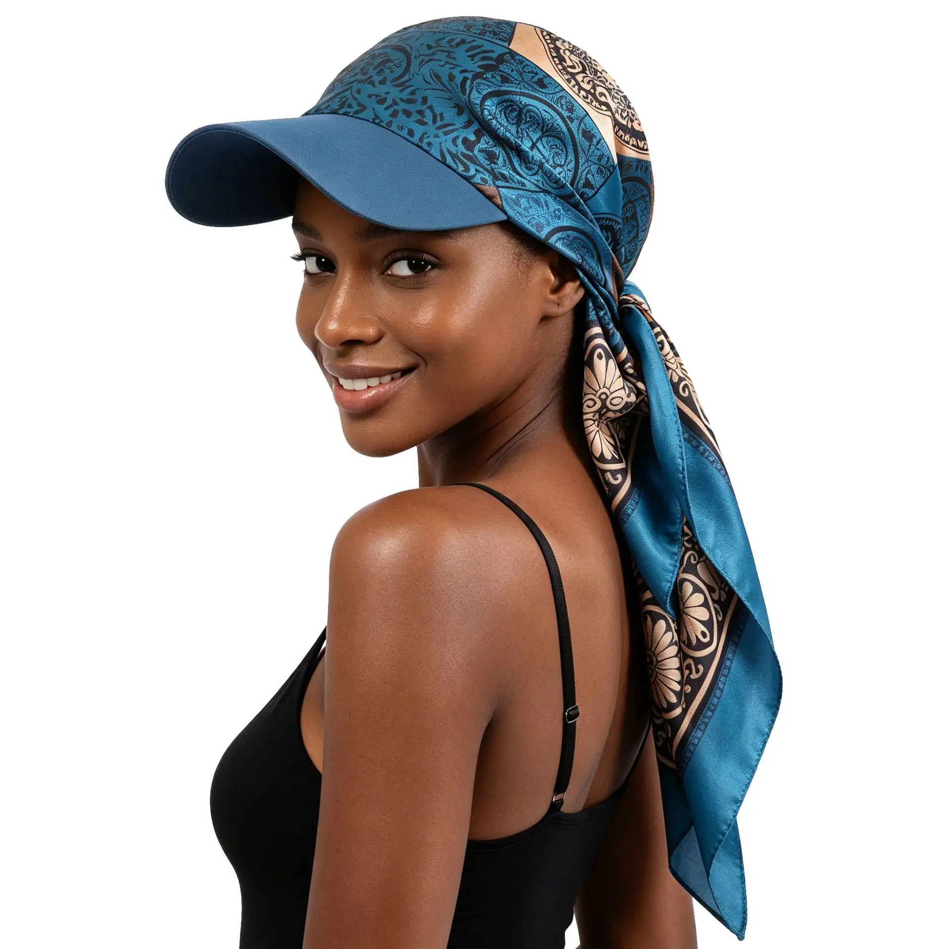 Effortless Visor Baseball Cap Integrated Silk Satin Scarf Head Wrap Vintage Printed Sun Protection Draping Long Scarf Bonnet Daily Resort Wear