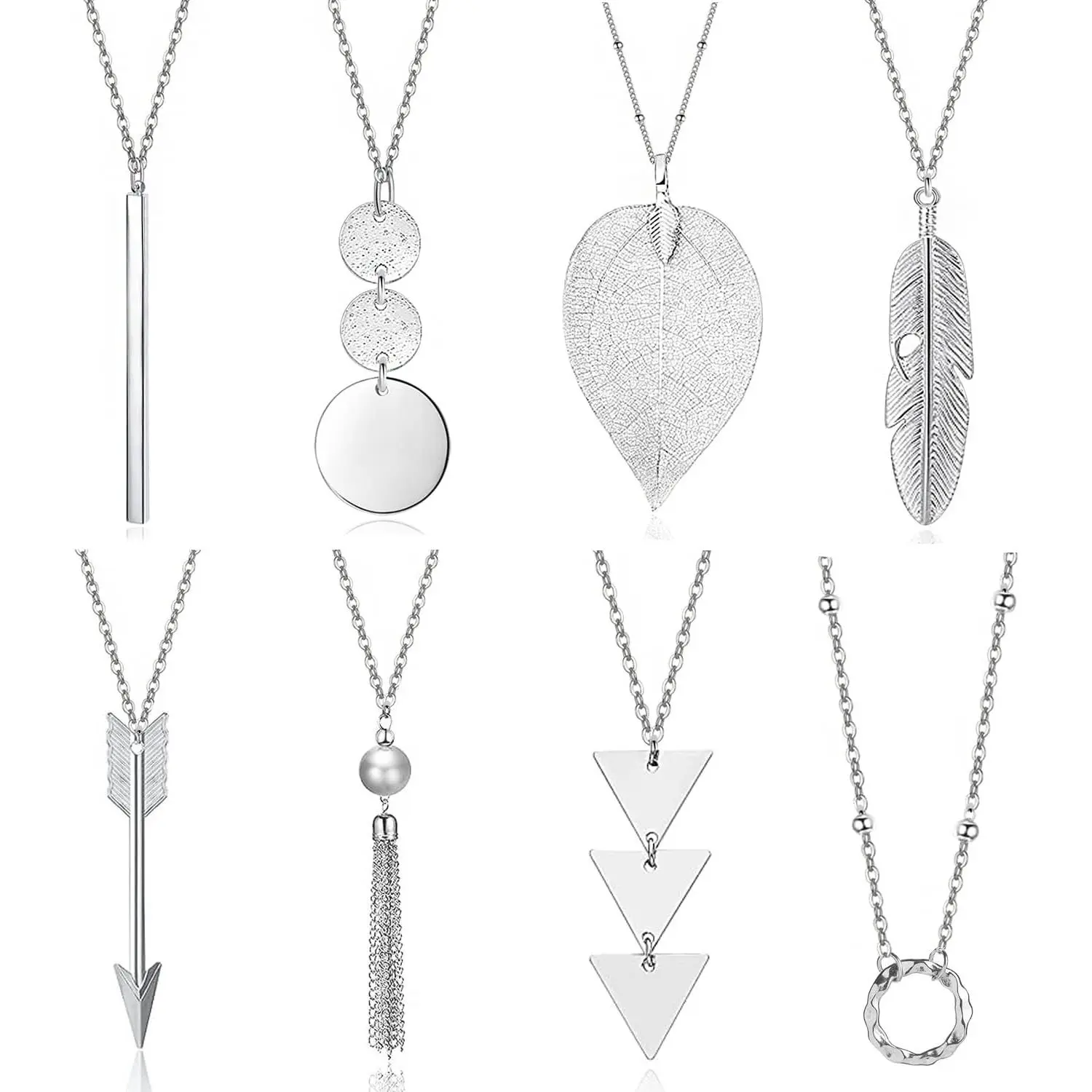 Long Necklaces for Women - Fashion Pendant Necklace Jewelry, Silver Bar Feather Circle Leaf Lock Tassel Y Necklace Jewelry Set for Girls