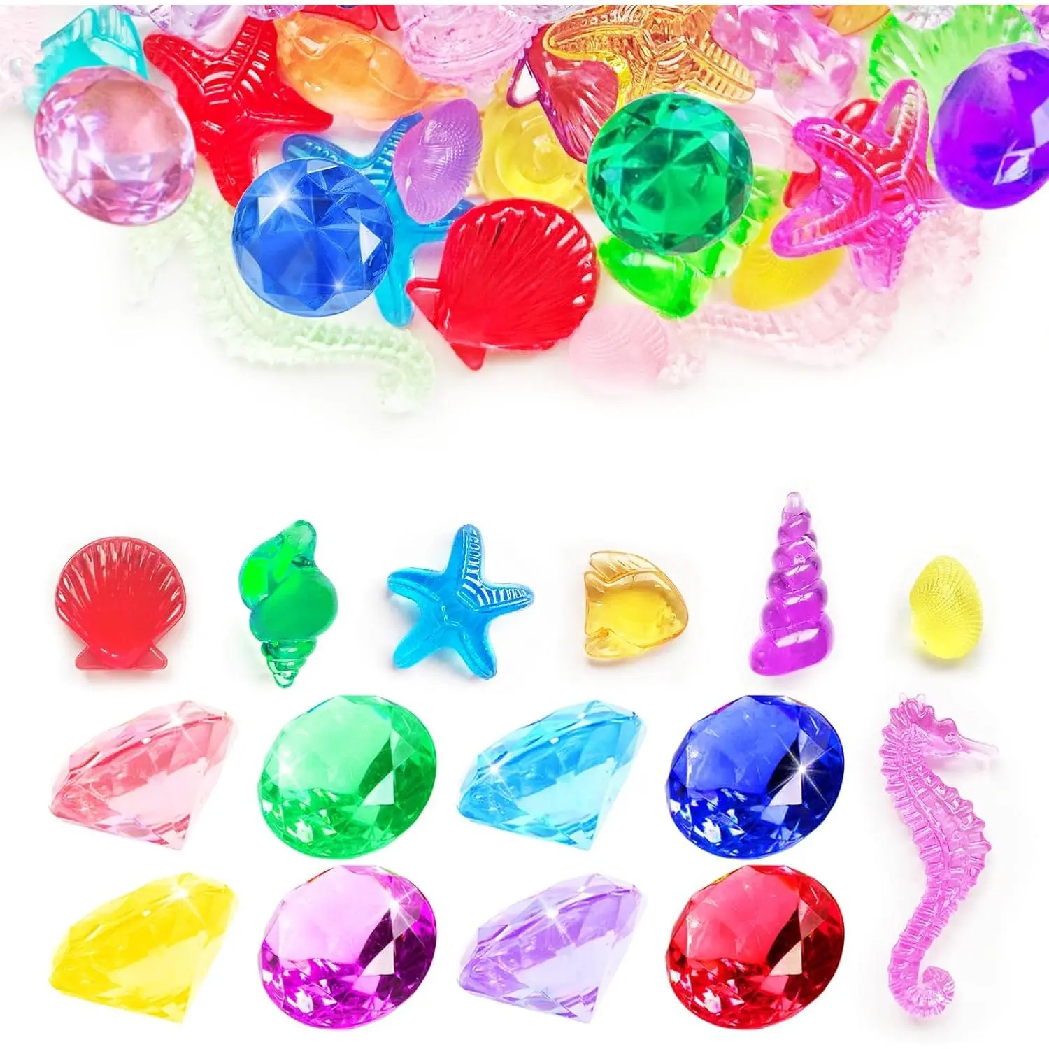 60+ Pcs Diving Gems Pool Toys Includes 15 Pcs 1.57in Large Colorful Acrylic Plastic Diamond and 45+ Pcs Fake Seashells for Kids Pirate Treasure Mermaid Hunt Games Swimming Party Favors