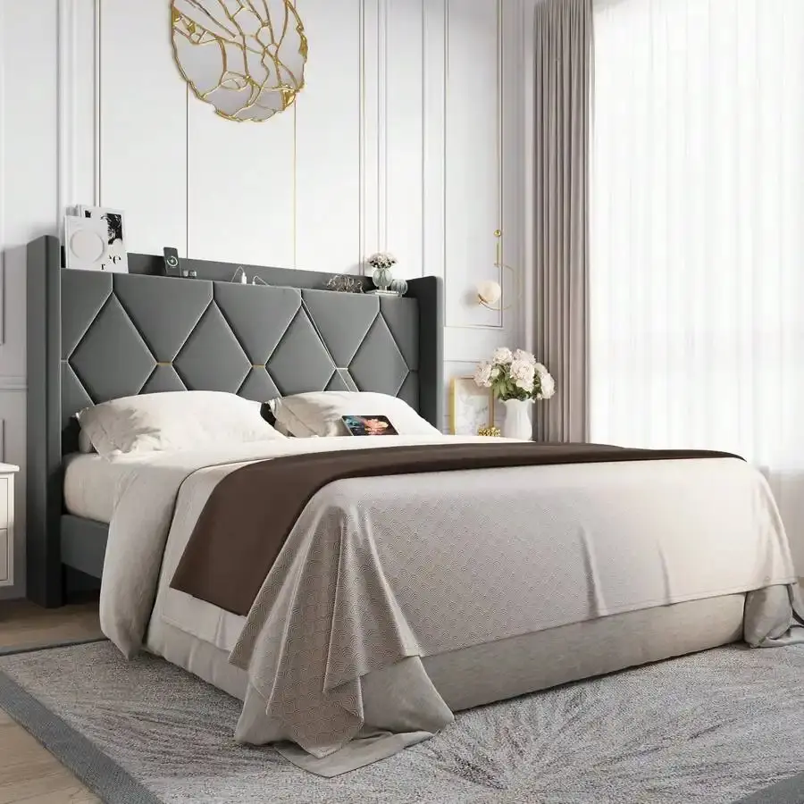 Allewie Classic Velvet Upholstered Winged Headboard Bed Frame - Full/Queen/King Size, Diamond Tufted, Gold Trim, Platform Base with Storage & Charging Ports, No Box Spring Needed, Easy Assembly, Grey