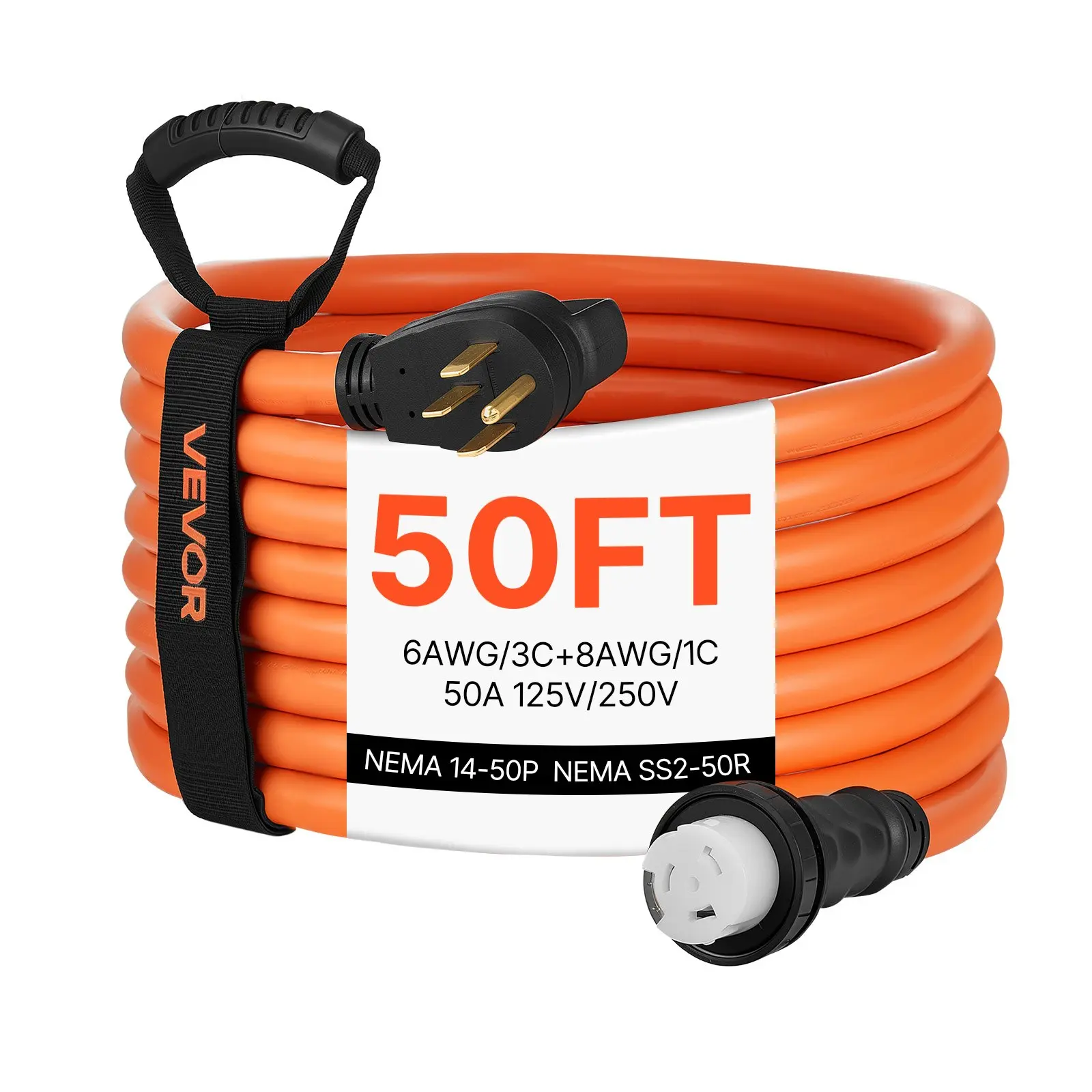 【toolupgrade】VEVOR 50 Amp Generator Cord, 50 Feet, 125/250V RV Power Cord NEMA 14-50P to SS2-50R with Twist Lock, Grip Handle, Heavy Duty 6AWG/3+ 8AWG/1 Generator Cable, for RV Camper Generator to House, Orange