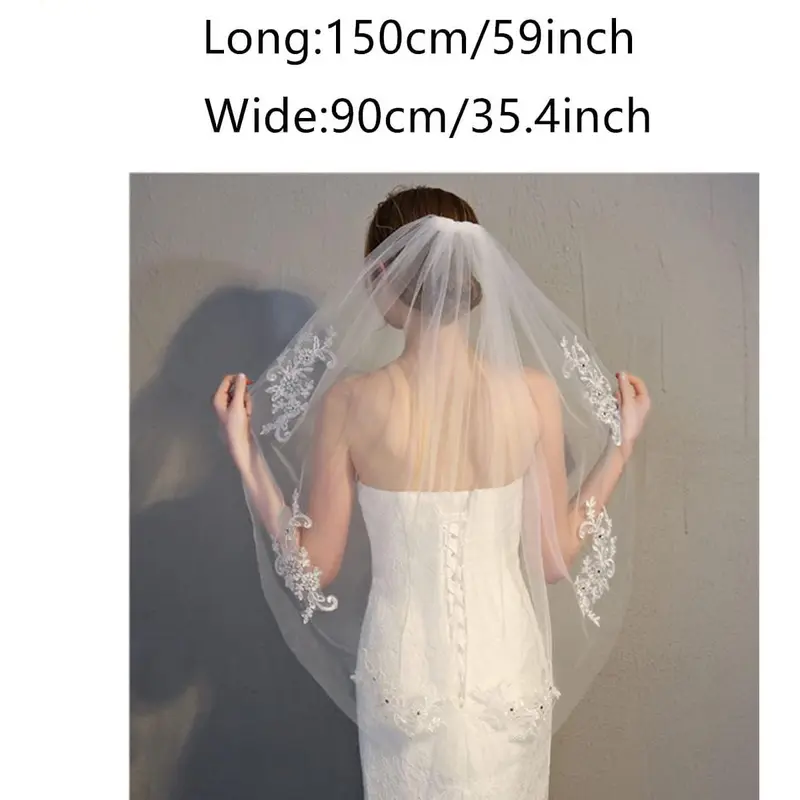 Elegent Lace Appliques Wedding Veil Crystal Beaded, Wedding Bridal Veil with Comb