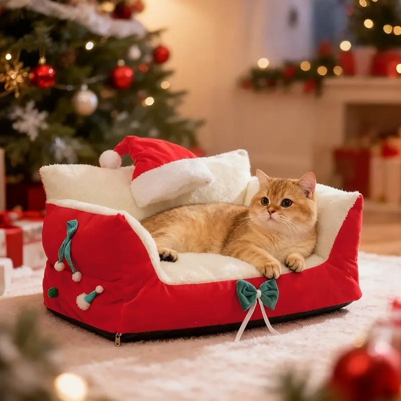 Christmas Theme Luxurious Pet Sofa Bed, Lamb Velvet Warm Detachable Cat Nest, Non-Slip Bottom Small Dog Puppy Bed, Holiday Pet Supplies