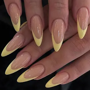24PCS Long Almond Press On Nails Yellow French Ombre Design, Nude Pink Glossy Reusable Acrylic False Nails for Spring Summer with 1 Jelly Glue & 1 Nail File