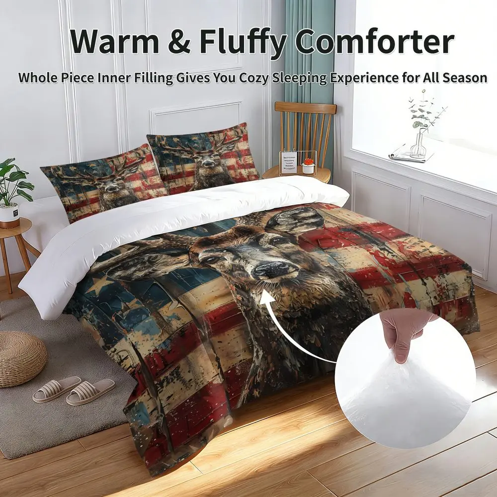 2/3Pcs Rustic American Flag Deer Comforter Set, Wildlife Lodge Style Bedding Set with Pillowcase, Soft Microfiber Printed Quilt for Bedroom, Cabin Decor Bedding for Men/Kids No Pillow Insert