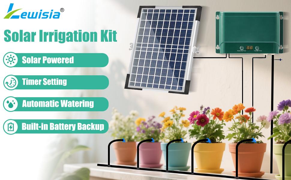 10W Drip Irrigation Kit Auto System Powered Auto-Irrigation Set for Raised Beds Lawn Greenhouse Potted Plants Up to 50 Plants