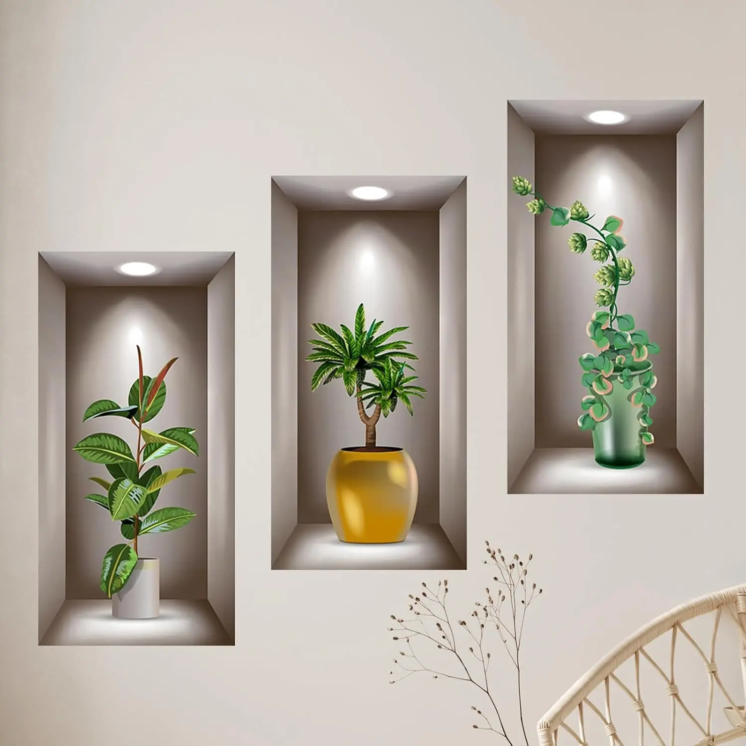 3D Potted Plants Wall Stickers Set of 3 Green Plants Leaves Wall Decals Peel and Stick 3D Magic Wall Art Sticker for Living Room Bedroom Aisle Entrance Sofa Backdrop Yoga Room Home Decor
