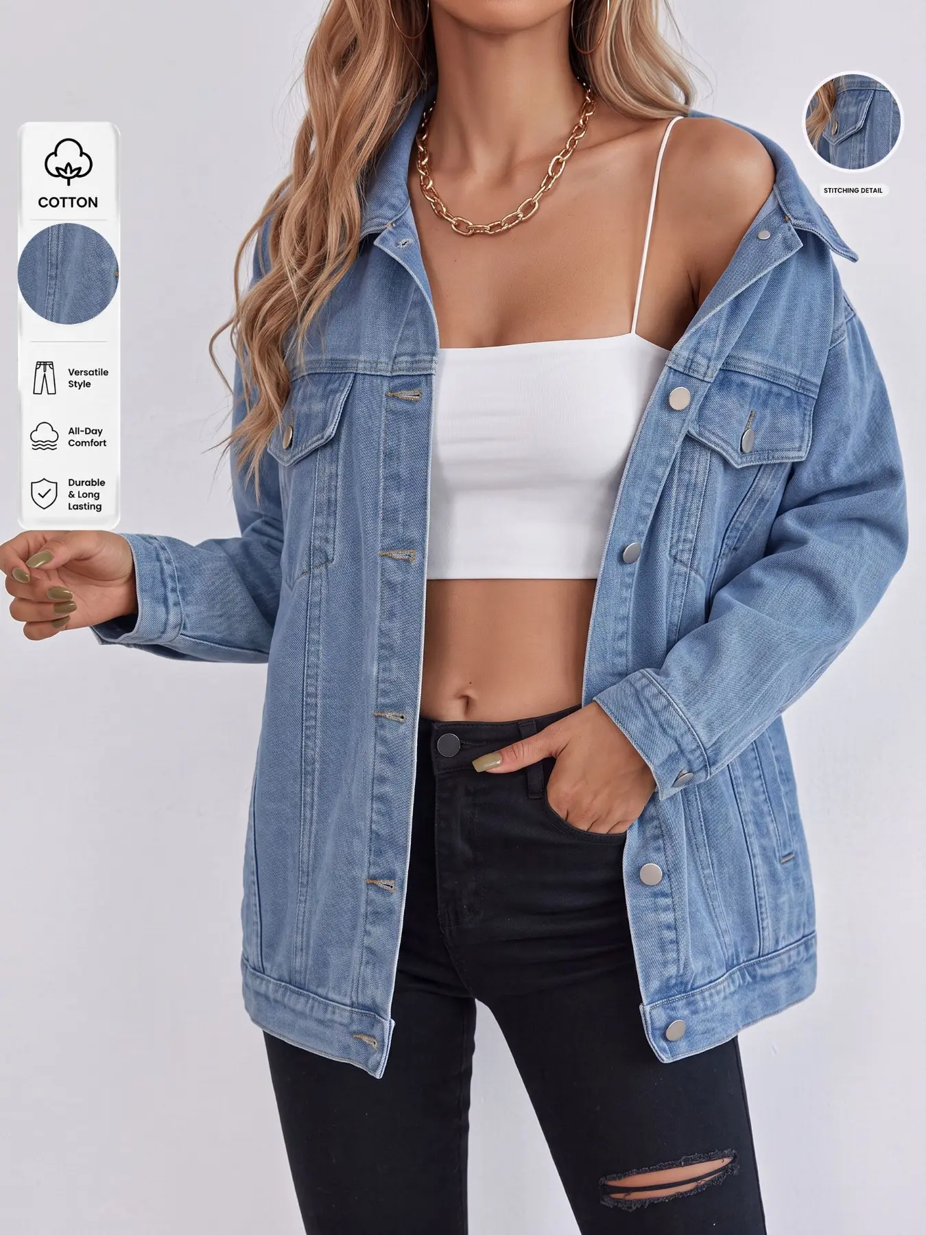 Light Blue Denim Jacket for Women, Slimming Chic Street Style, Trendy Casual All-Season, Elegant Womenswear Bottoms, Summer Pants & Trousers