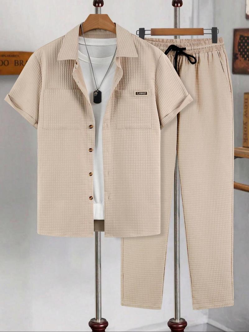 Men's Solid Button Front Shirt & Drawstring Waist Pants Set without Inner Top, Regular Fit Casual Short Sleeve Collared Top & Pocket Trousers, Men's Summer Clothes, Matching Clothing Set