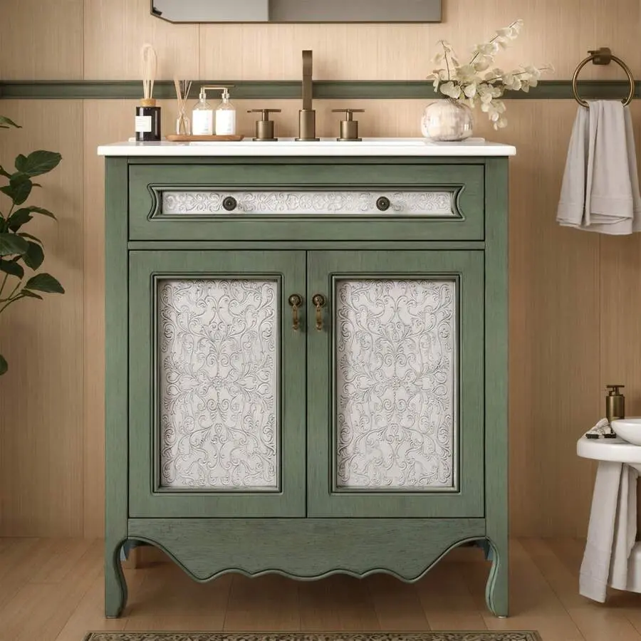 30" Vintage Bathroom Vanity, Bathroom Cabinet Set With Ceramic Sink And Antique Knobs, Double Storage, Pull Out Drawers, Printed Cabinet Doors, Army Green,chabuildreark,farmhouse,coffee bar cabinet,lockable,,dresser,,unit,,jewelry,armoire,wooden,organizer
