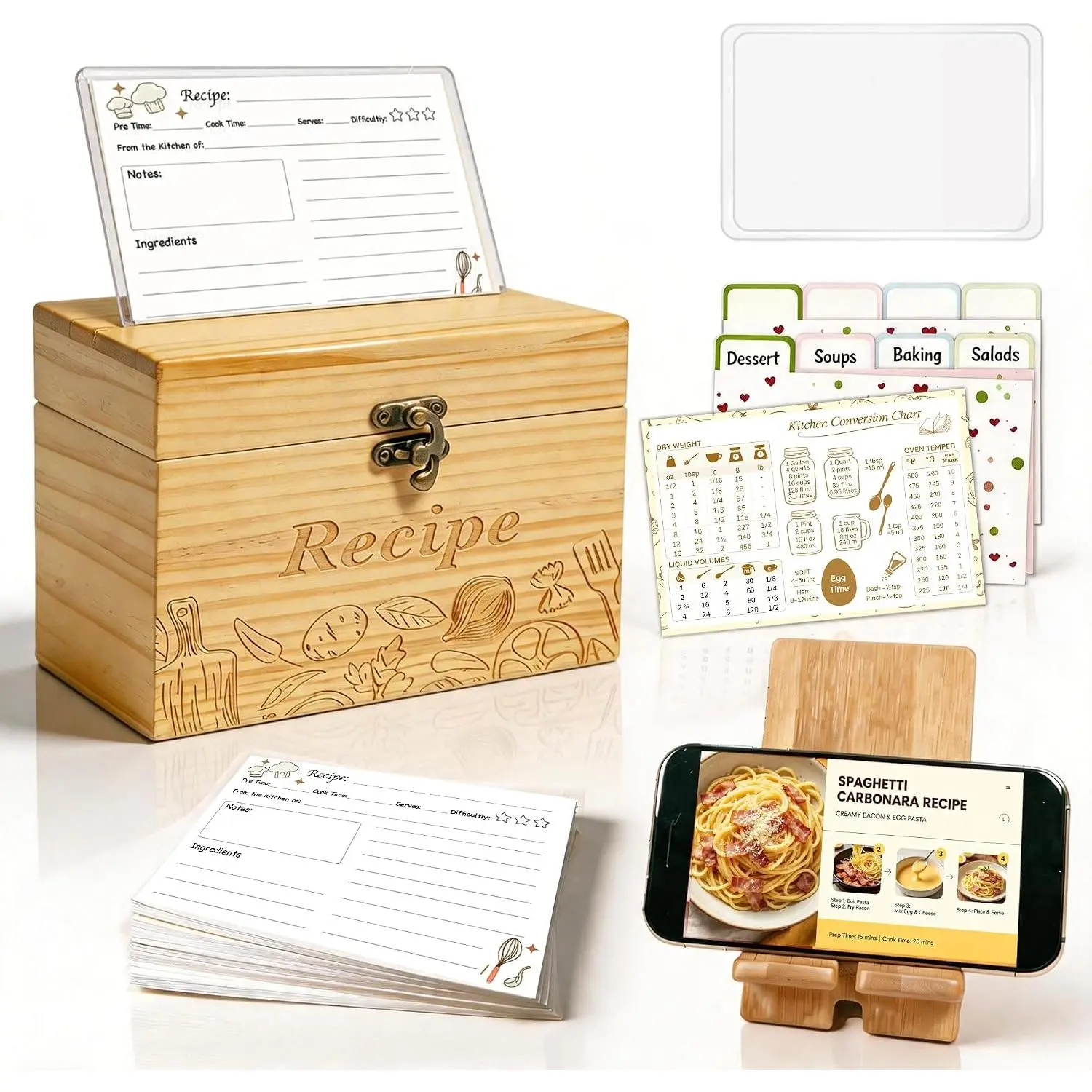 Wooden Recipe Box with 80 4x6" Recipe Cards,  Sleeve & Phone Holder | Minimalist Recipe Organizer with Adjustable Slots, Minimalist Design, Adjustable Slots, Birthday Housewarming