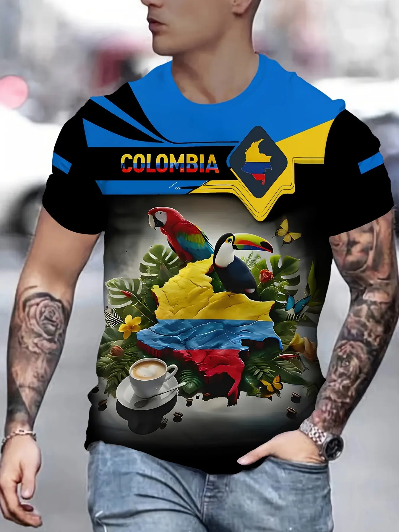 Men's Tropical Parrot Print Short Sleeve T-Shirt, Casual Streetwear Fitted Long Tee, Creative Full Print Round Neck Top, Columbia Brand, Menswear
