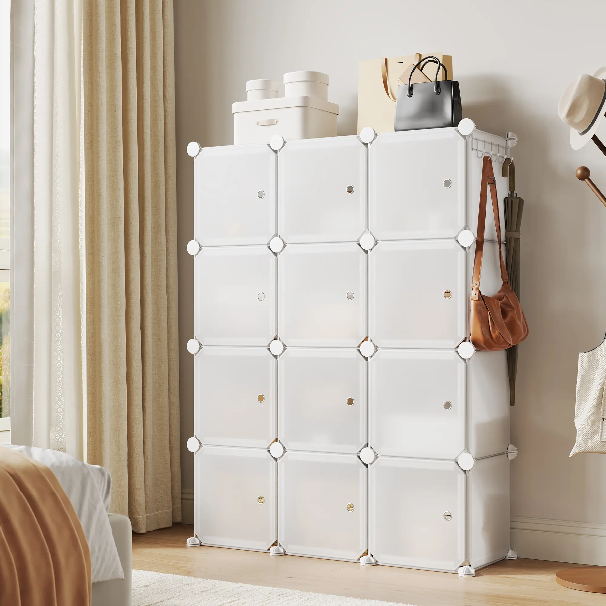 12-Cube Sturdy Metal Frame Storage Cabinet with Doors, Waterproof ABS Stackable Unit, Lightweight Portable Shoe Rack, 2 Accessory Hooks, Freestanding Space-Saving Clothes Organizer for Bedroom, Hallway Furniture