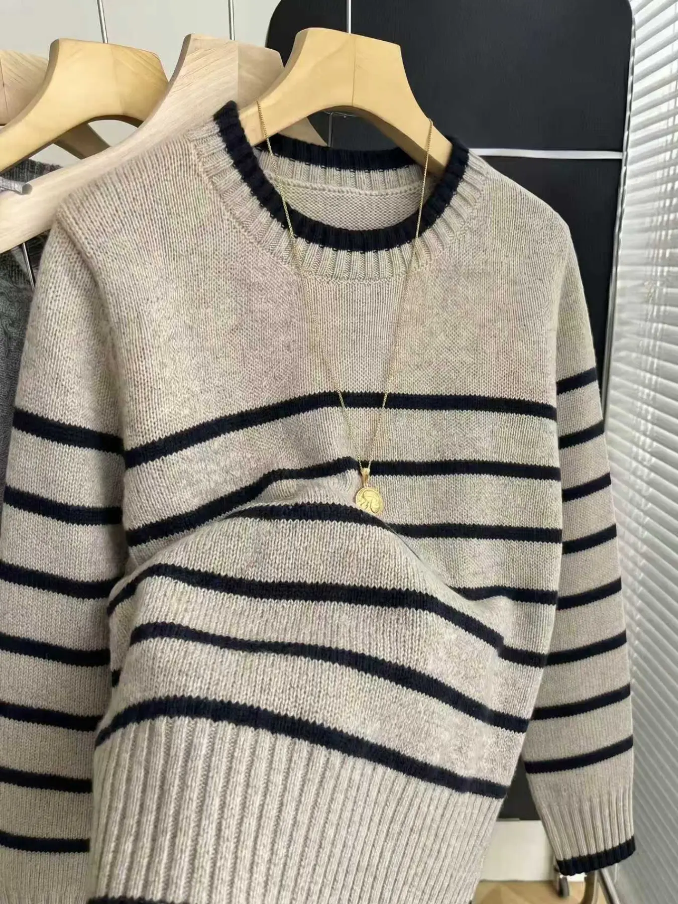 Elegant Oatmeal Navy Striped Round Neck Sweater, Loose-Fitting Knit Top for Home Office Travel, Spring & Fall Fashion