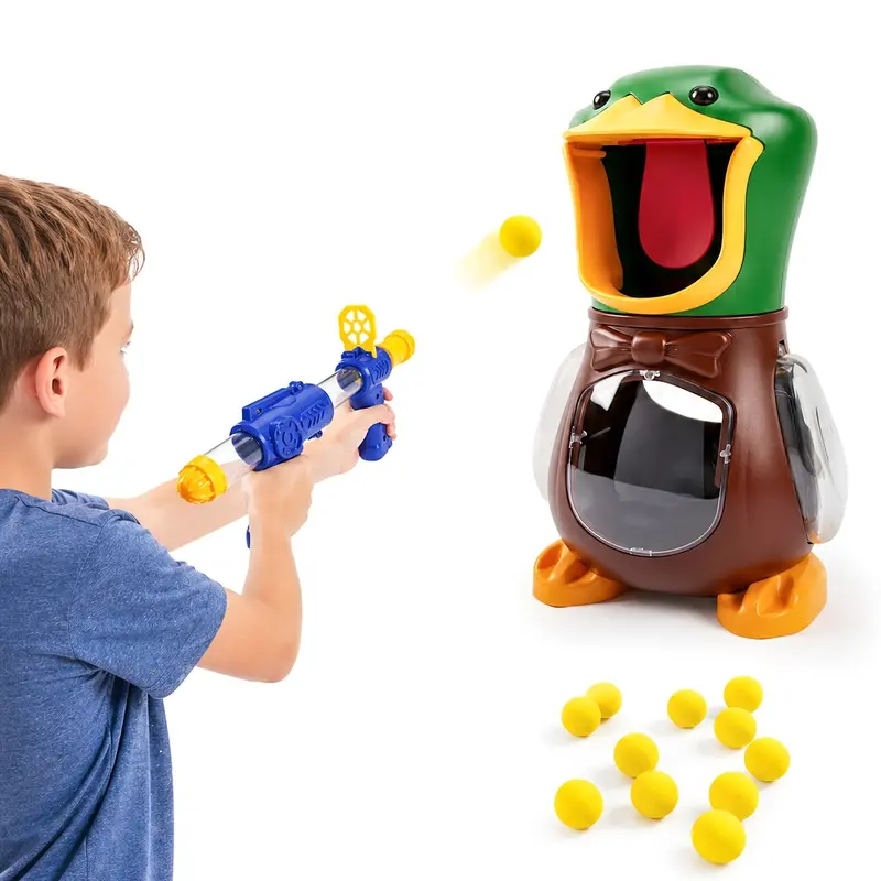 Hungry Duck Feeding Game Set, Includes 12 Sponge Balls & Air Gun Blasters, Indoor Outdoor Toy, Enhances Parent-Child Interaction, Perfect for Parties