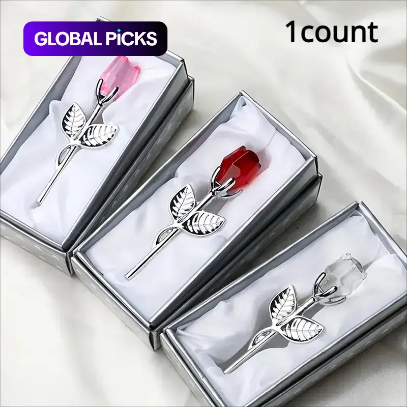 Artificial Crystal Glass Rose Ornaments, Rose Flower Design Decorative Faux Flowers Fake Floral Decor for Indoor Home & Wedding Desktop Decoration, Available in 1 or 2 Pieces, Birthday Gift Ideas #GLOBAL PICKS
